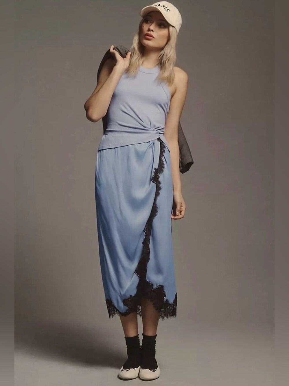 Anthropologie The Keeley bbTwofer Midi Dress NWT XS blue Lavender Wrap dressLace